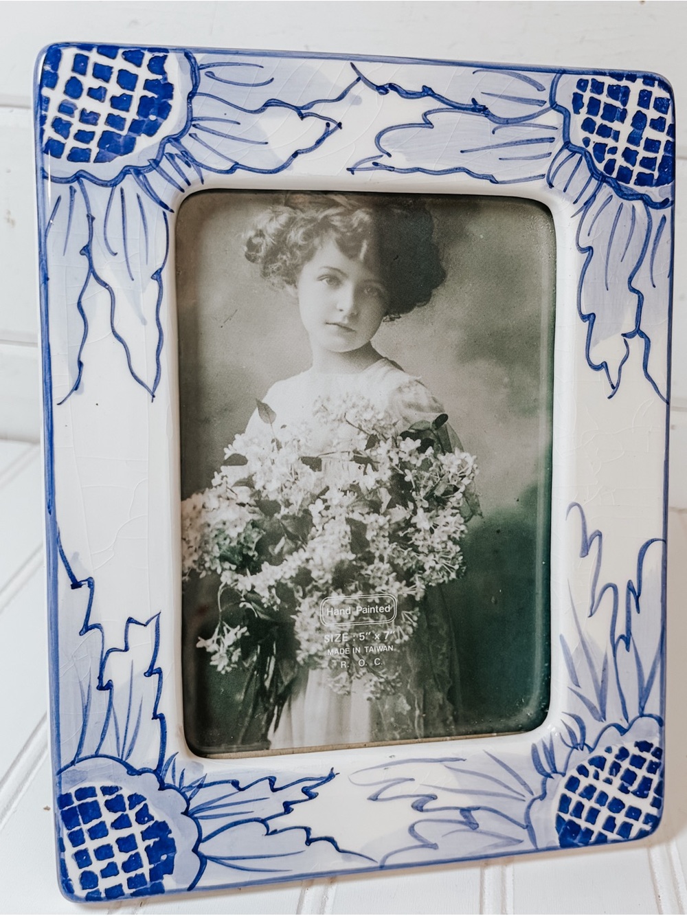Vintage Blue Floral Hand Painted Ceramic Picture Frame